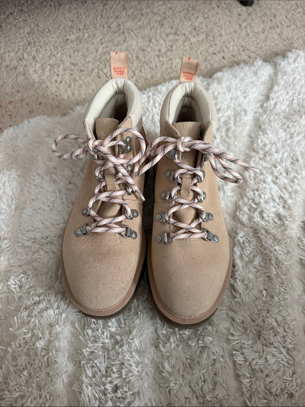 Sorel Beige Suede Lace-Up Women's Boots with Pink-Striped Laces